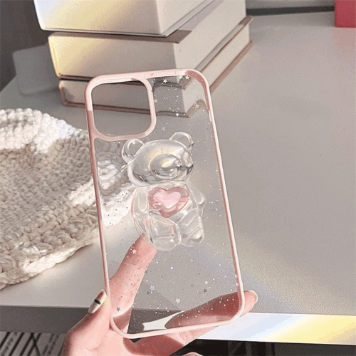 핑크 하트 품은 곰돌이 스마트톡 투명 휴대폰 케이스 세트